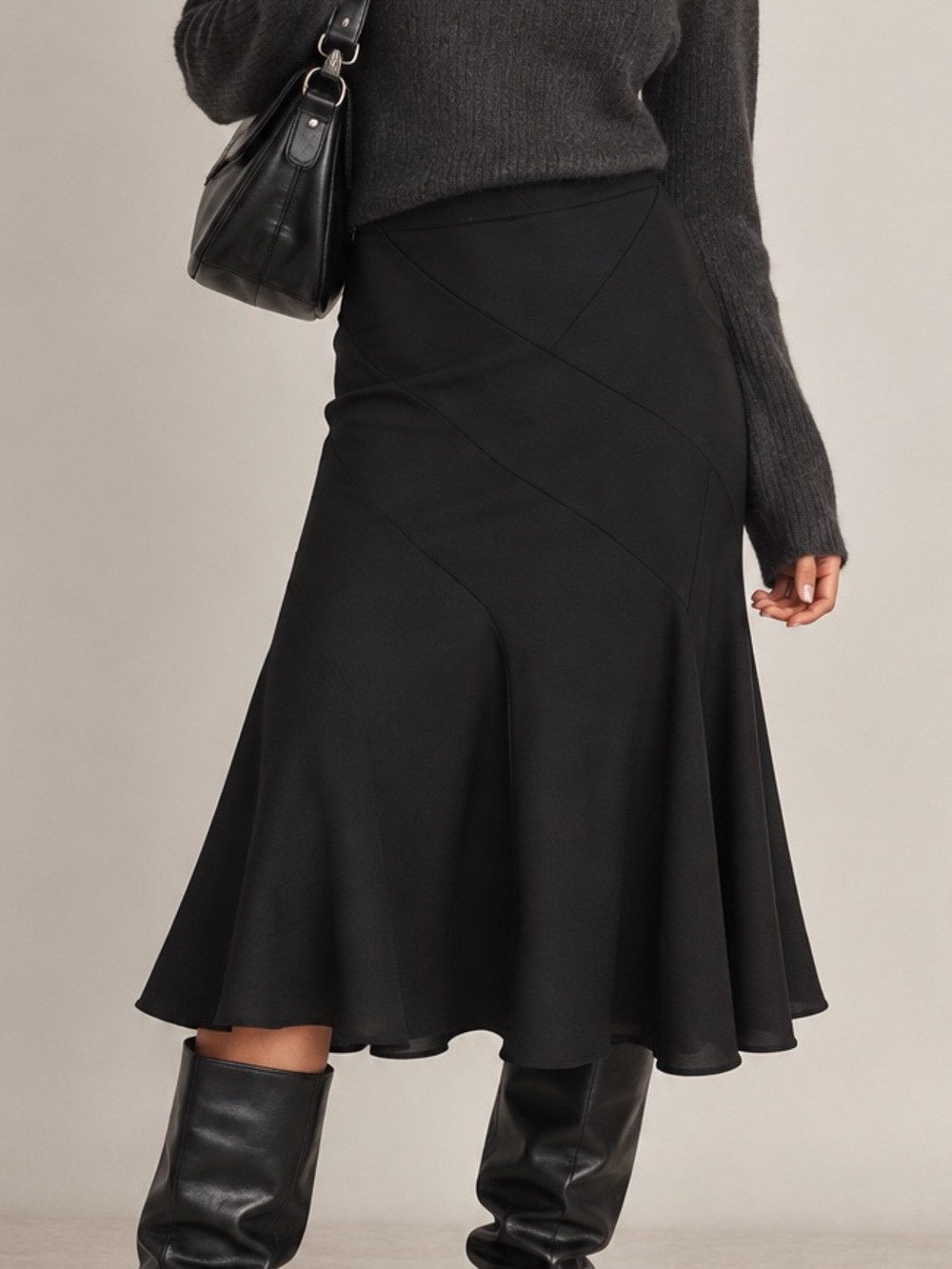 Black Fluted Trumpet Midi Skirt Bias Panel 90s Minimalist XS